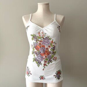White Knit Camisole Tank Top Womens Size S Floral Pattern Y2K